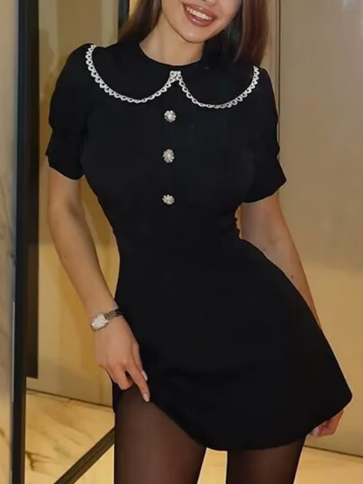 Color-blocked Detachable Peter Pan Collar Buttons Short Sleeves Mini&Short Dresses
