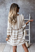 V-Neck Bell Sleeve Crochet Lace Trim Geometric Print Boho Mini Dress