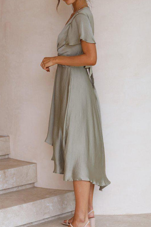 Deep V-Neck Tie Waist Flutter Sleeve Ruffled High-Low Midi Dress