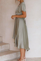 Deep V-Neck Tie Waist Flutter Sleeve Ruffled High-Low Midi Dress