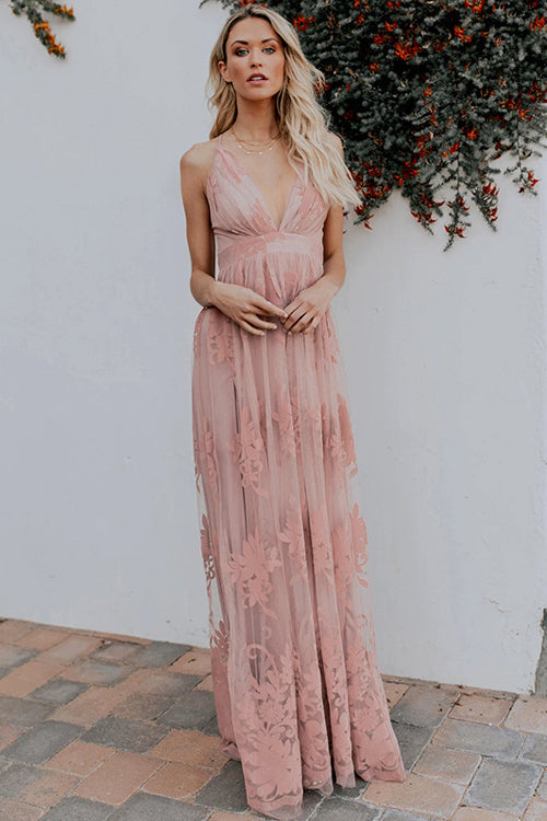 Halter Deep V-Neck Lace Floral Embroidered Empire Waist Backless Maxi Dress