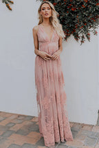 Halter Deep V-Neck Lace Floral Embroidered Empire Waist Backless Maxi Dress