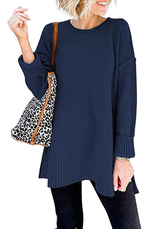 Drop Shoulder Side Split Loose Sweater