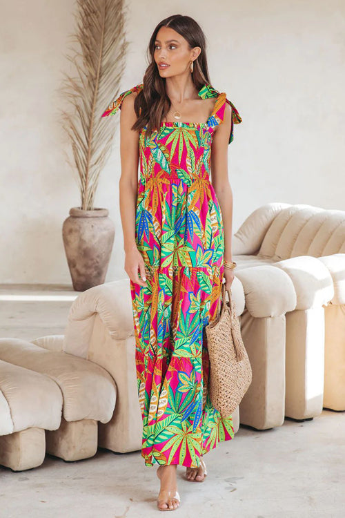 Smocked Square Neck Tie Shoulder Tiered Tropical Floral Maxi Dress