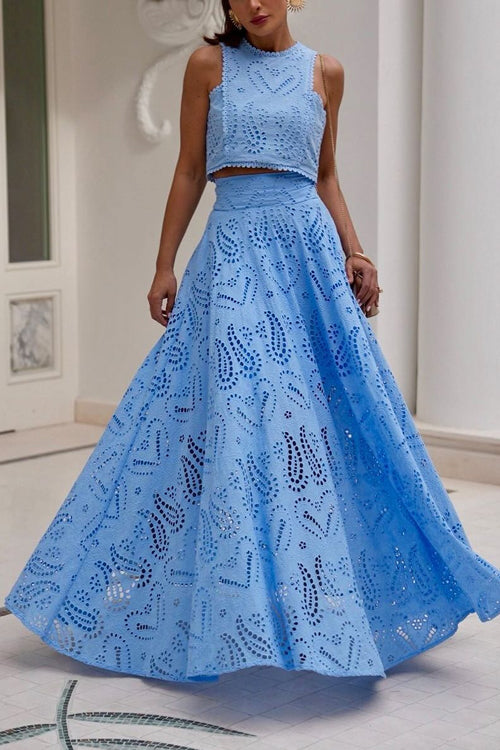 Lace Hollow Out Crewneck Crop Tank Top High Waist Maxi Swing Skirt Set