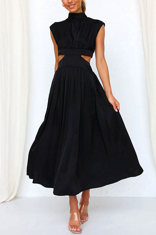 Mockneck Cut Out Waist Pockets Swing Dress