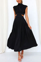 Mockneck Cut Out Waist Pockets Swing Dress