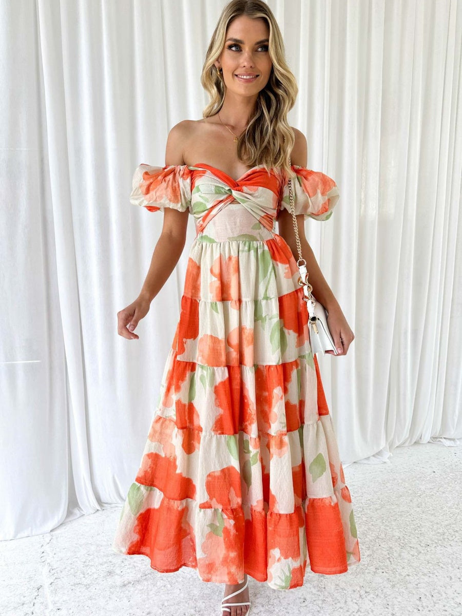 Printed Puff Sleeve Sweetheart Collar Vacation Maxi Dresses