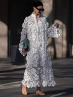 Hollow 3D Flowers Long Sleeve Vacation Maxi Dresses