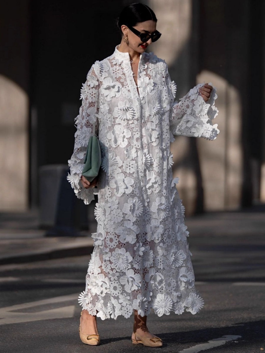Hollow 3D Flowers Long Sleeve Vacation Maxi Dresses