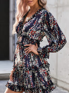 Floral Lace Deep V-neck Waist Puff Sleeve Sweet Mini&Short Dresses