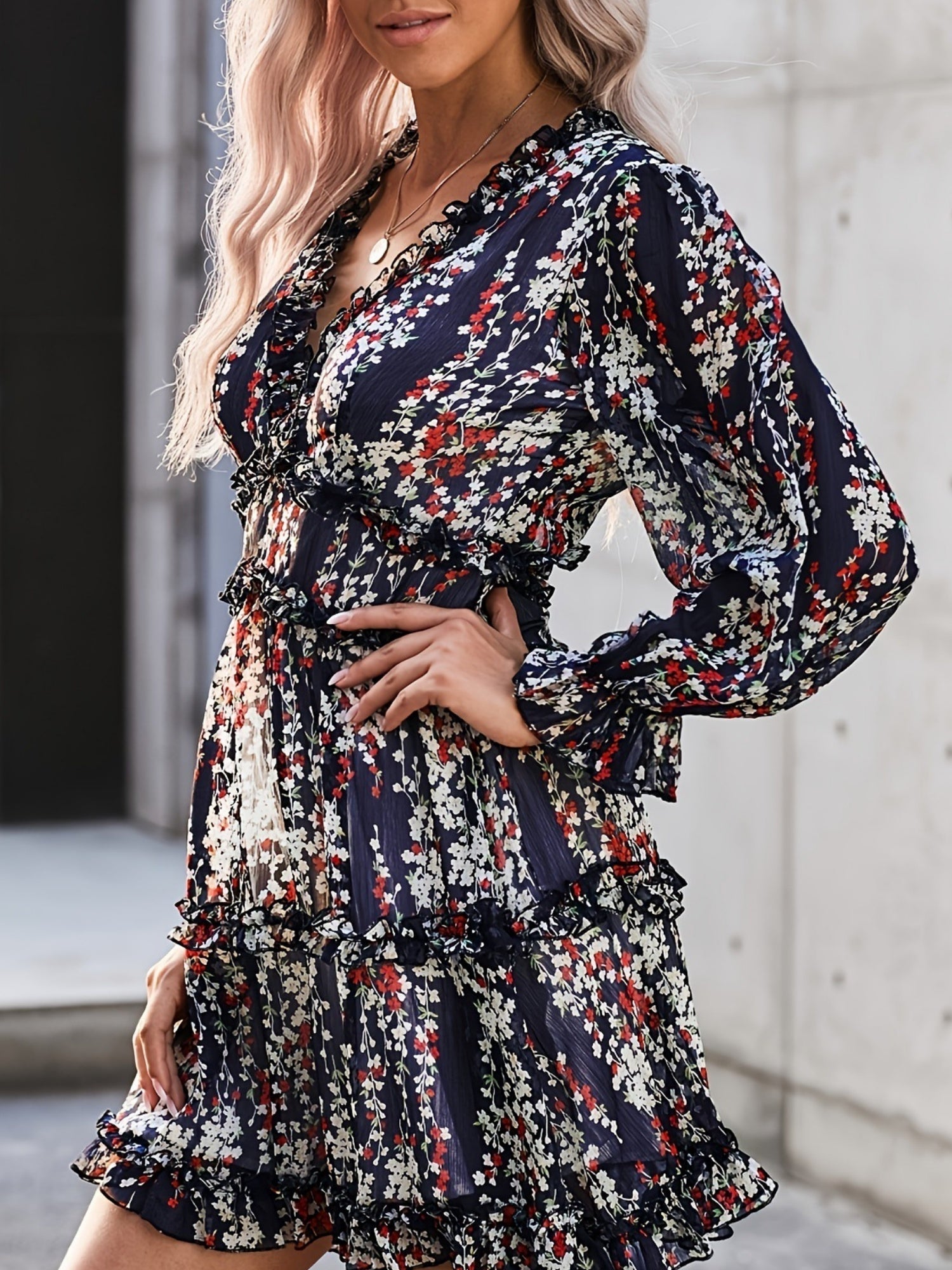 Floral Lace Deep V-neck Waist Puff Sleeve Sweet Mini&Short Dresses