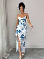 Blue Floral Halter-neck Elegant Bodycon Off-shoulder Long Dress
