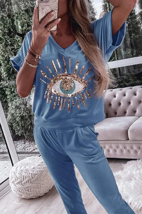 Sequin Pattern V Neck Short Sleeve Top with Pocketed Pants Casual Set