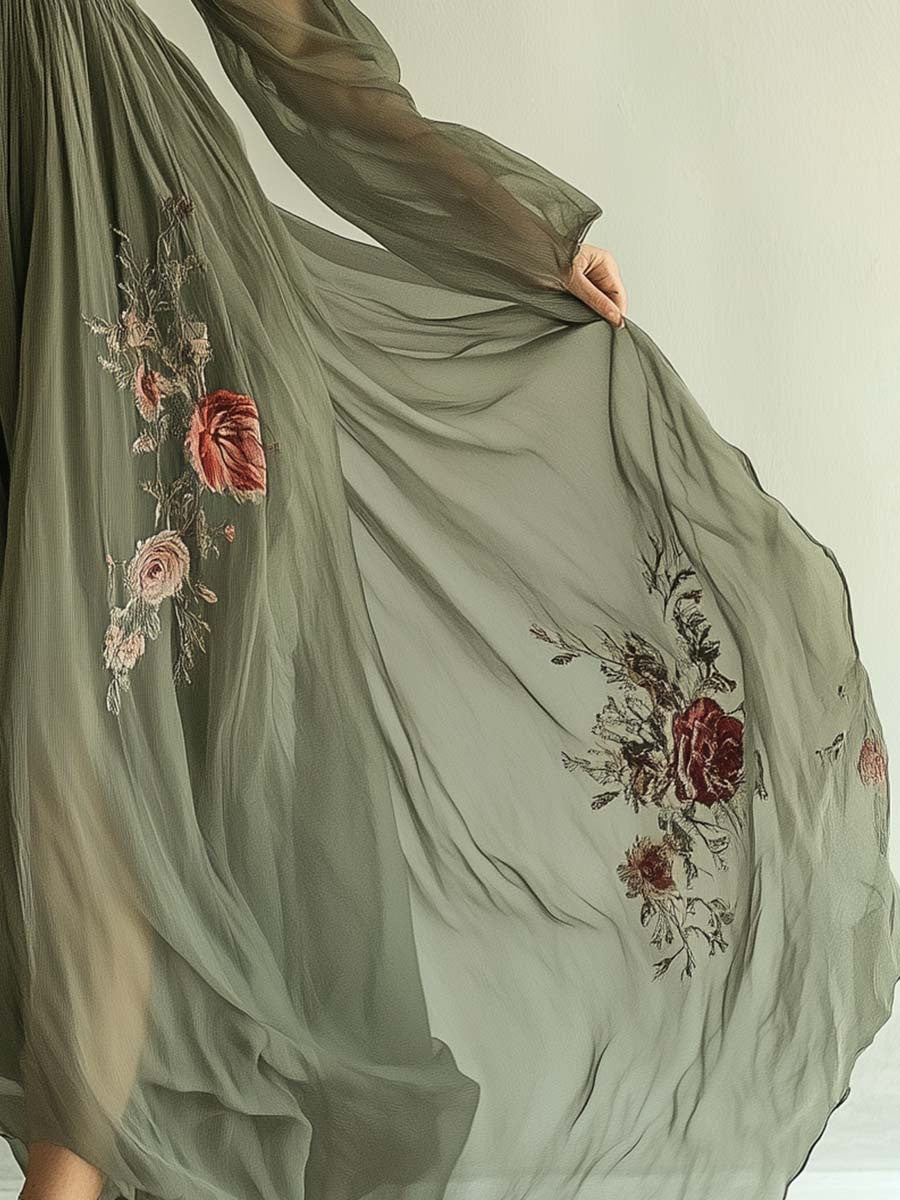 Floral Digital Positioning Printing Long-sleeved V-neck Long Dress