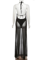 Hollow Out Mesh Splicing Perspective Halter Neck And Backless Maxi Dresses