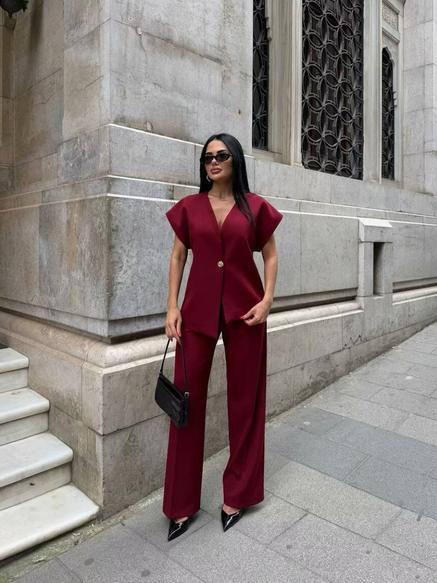 V-neck Buttons Jacket Wide-leg Pants Set Commuting 2-piece Sets