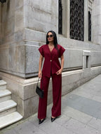 V-neck Buttons Jacket Wide-leg Pants Set Commuting 2-piece Sets