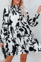 Smocked Mock Neck Balloon Sleeve Tiered Floral Print Mini Dress
