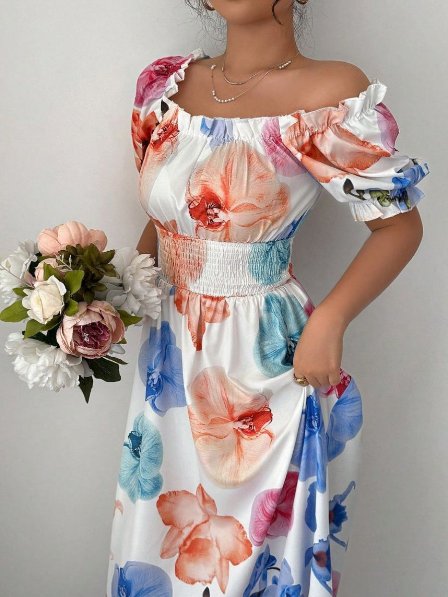 Color One-shoulder Collar Flowers Maxi Dresses