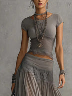 Gray Knit Top And Chiffon Long Skirt Set, Flowy Two-piece Set