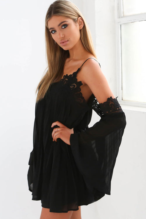 Cold Shoulder Crochet Trim Pleated Chiffon Bell Sleeve V-Neck Mini Dress