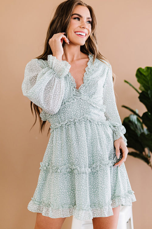 Micro Spotted Print Ruffle V-Neck Balloon Sleeve Tiered Ruffle Mini Dress