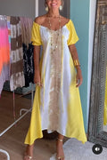 Drawstring Off Shoulder Short Sleeve Tie Dye Maxi A-line Dress