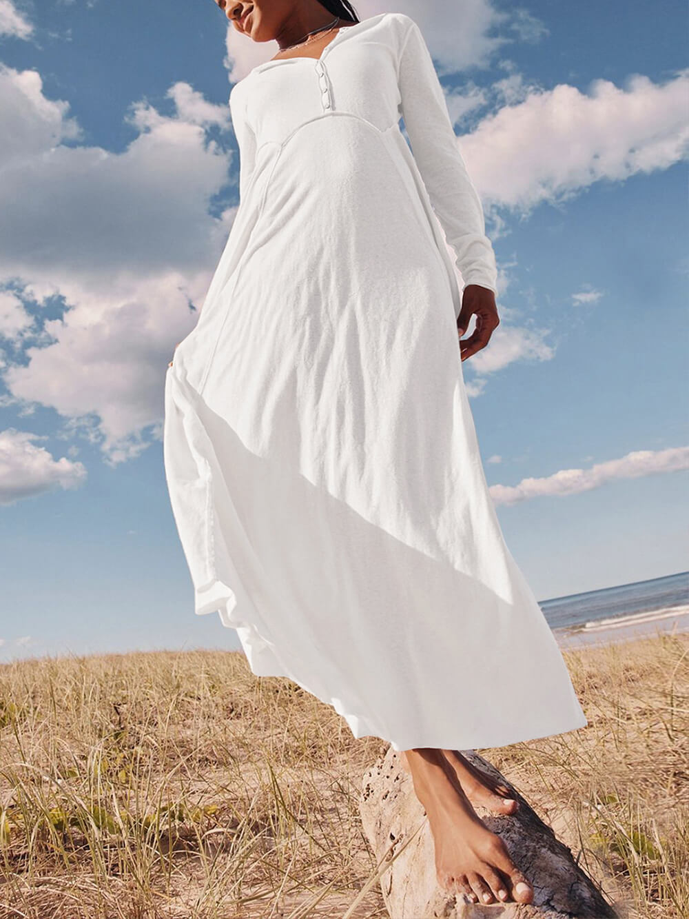 V-Neck Button Front Long Sleeve Side Slit Maxi Dress