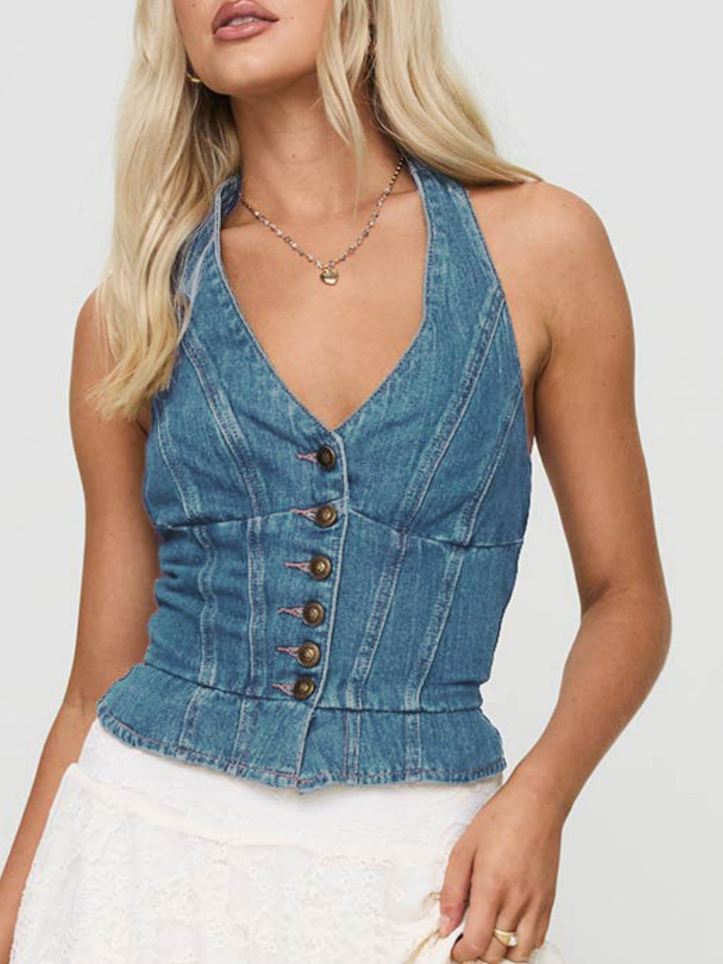 Denim Tie Buttons Halter V-neck Tank Tops&Camis