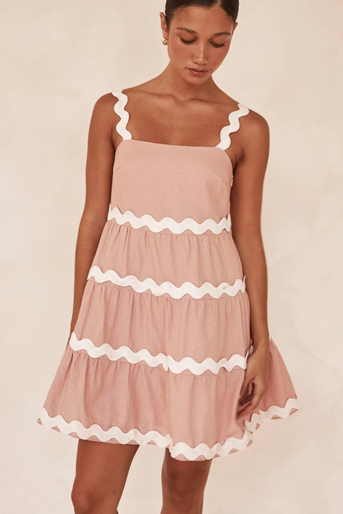 Square Neck Scalloped Ric Rac Trim Tiered Babydoll Mini Dress