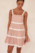 Square Neck Scalloped Ric Rac Trim Tiered Babydoll Mini Dress