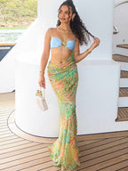Printed Color Blocking Backless And Navel Exposed Strapless Bra Maxi Dresses