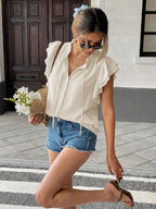 Lotus Leaf Sleeves Lace Up Buttons Stand Collar T-shirts