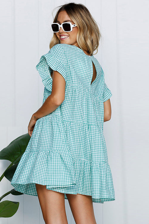 Gingham Check Tiered Ruffle Sleeve Smock Babydoll Mini Dress