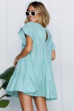 Gingham Check Tiered Ruffle Sleeve Smock Babydoll Mini Dress