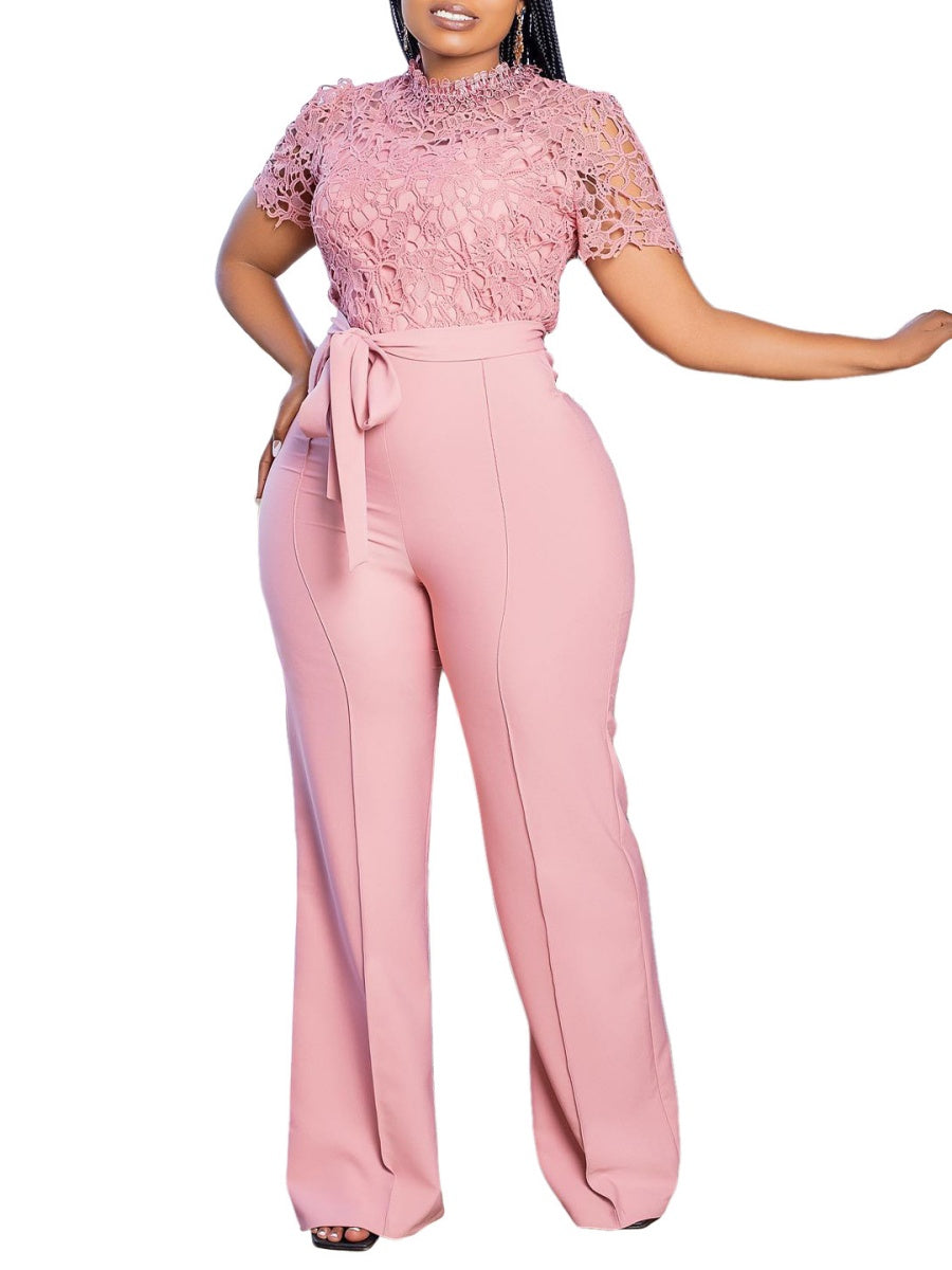 Lace Trim Hollow Short Sleeve Bandage High Waist Wide Leg Jumpsuits