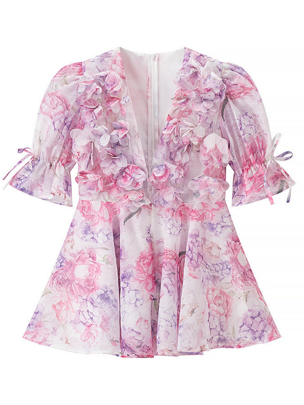 Floral Print Chiffon Puff Sleeve V-neck Mini&Short Dresses