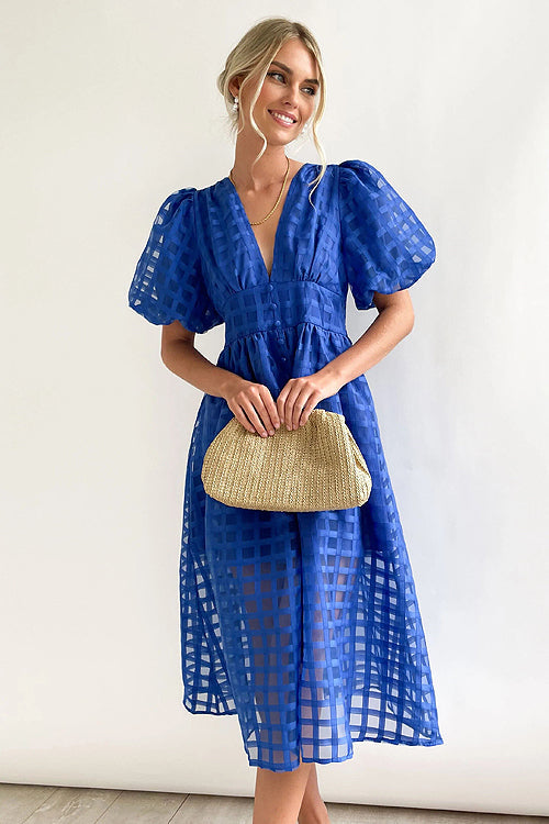 Puff Sleeve Sheer Grid Check Empire Waist Button Front Midi Dress