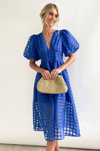 Puff Sleeve Sheer Grid Check Empire Waist Button Front Midi Dress