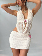 Lace Sway Neck Backless Top Bodycon Mini Skirt 2-piece Sets without Flower