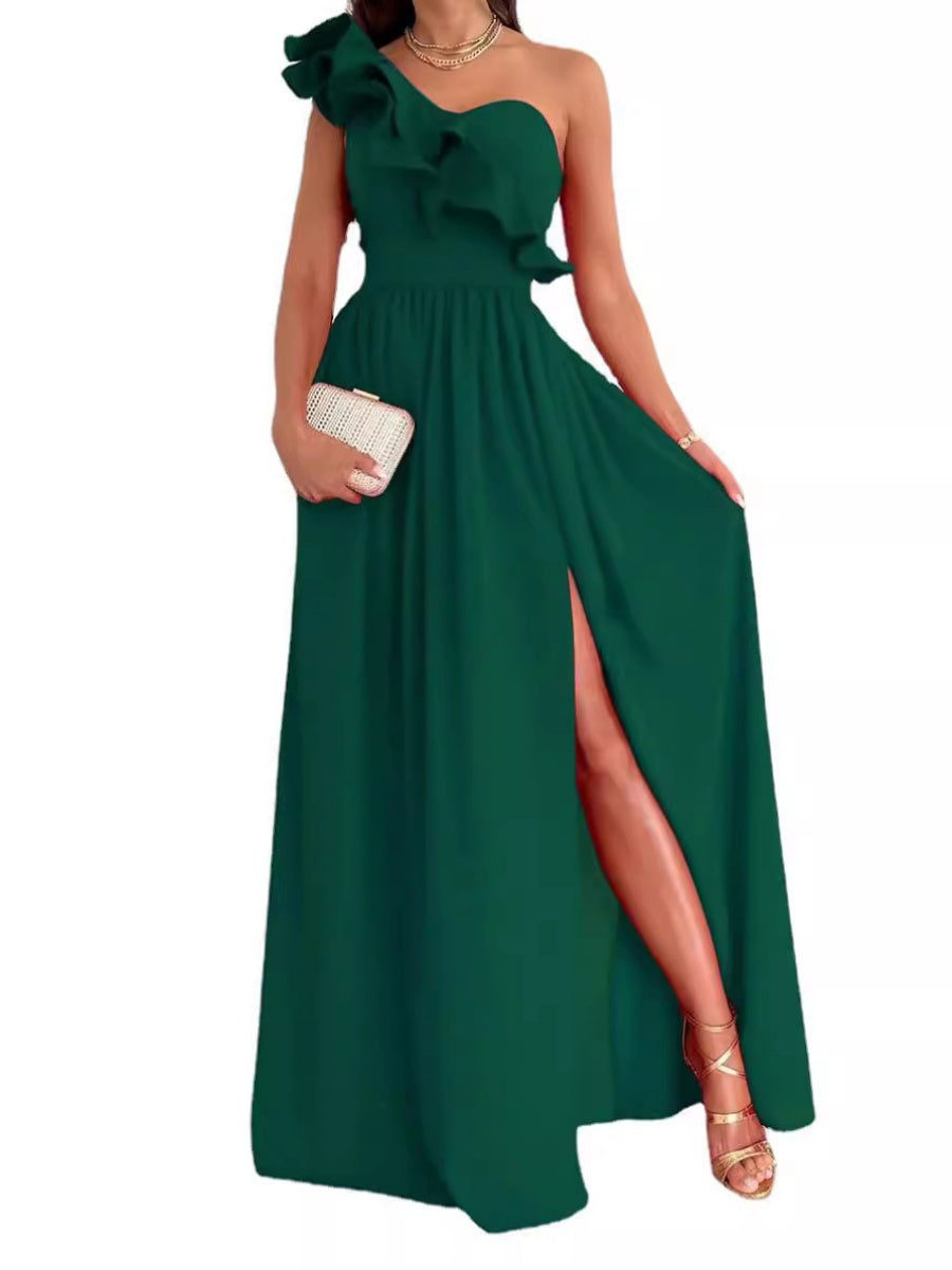 Sloping Shoulders Ruffle Slit Parties Maxi Dresses