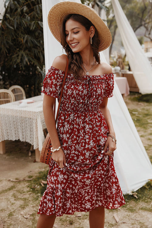 Off Shoulder Smocked Bodice Puff Sleeve Ruffle Hem Floral Midi Dress