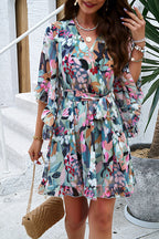 Floral Print Wrap V-Neck Three Quarter Sleeve Tie Waist Ruffle Hem Mini Dress