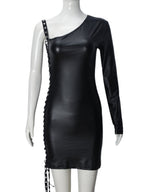 Imitation Leather Hollow Out Asymmetrical Collar Tie One-sided Long Sleeve Slim Fit Hip Body Mini&Short Dresses