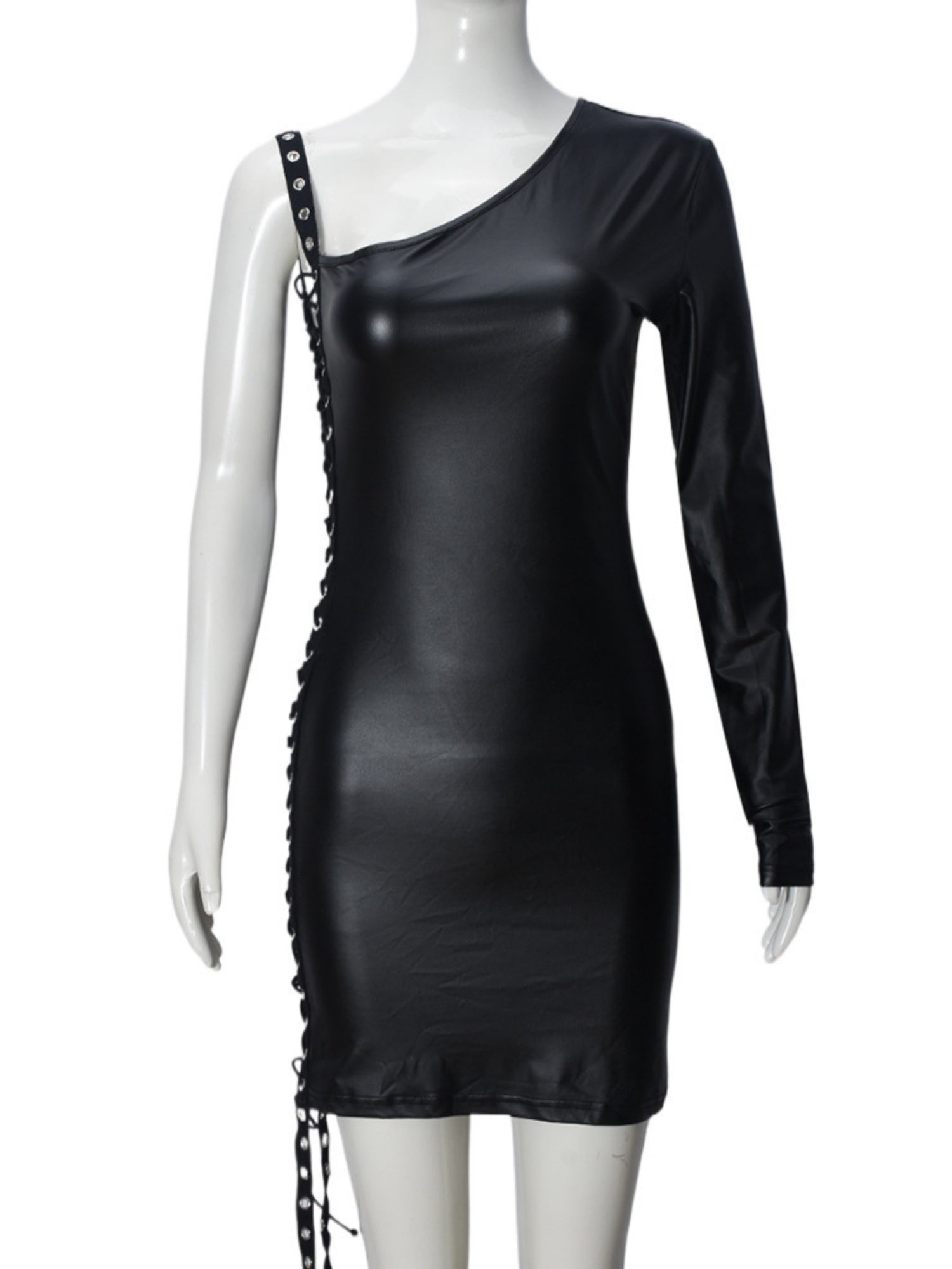 Imitation Leather Hollow Out Asymmetrical Collar Tie One-sided Long Sleeve Slim Fit Hip Body Mini&Short Dresses