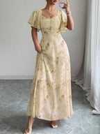 Butterfly Print Lotus Leaf Sleeves Pleated Slim Fit Maxi Dresses