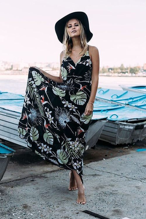 Tropical Palm Leaf Print Halter Neck Sleeveless Maxi Dress