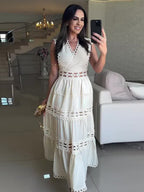 Openwork Embroidery V-neck Slimming Maxi Dresses
