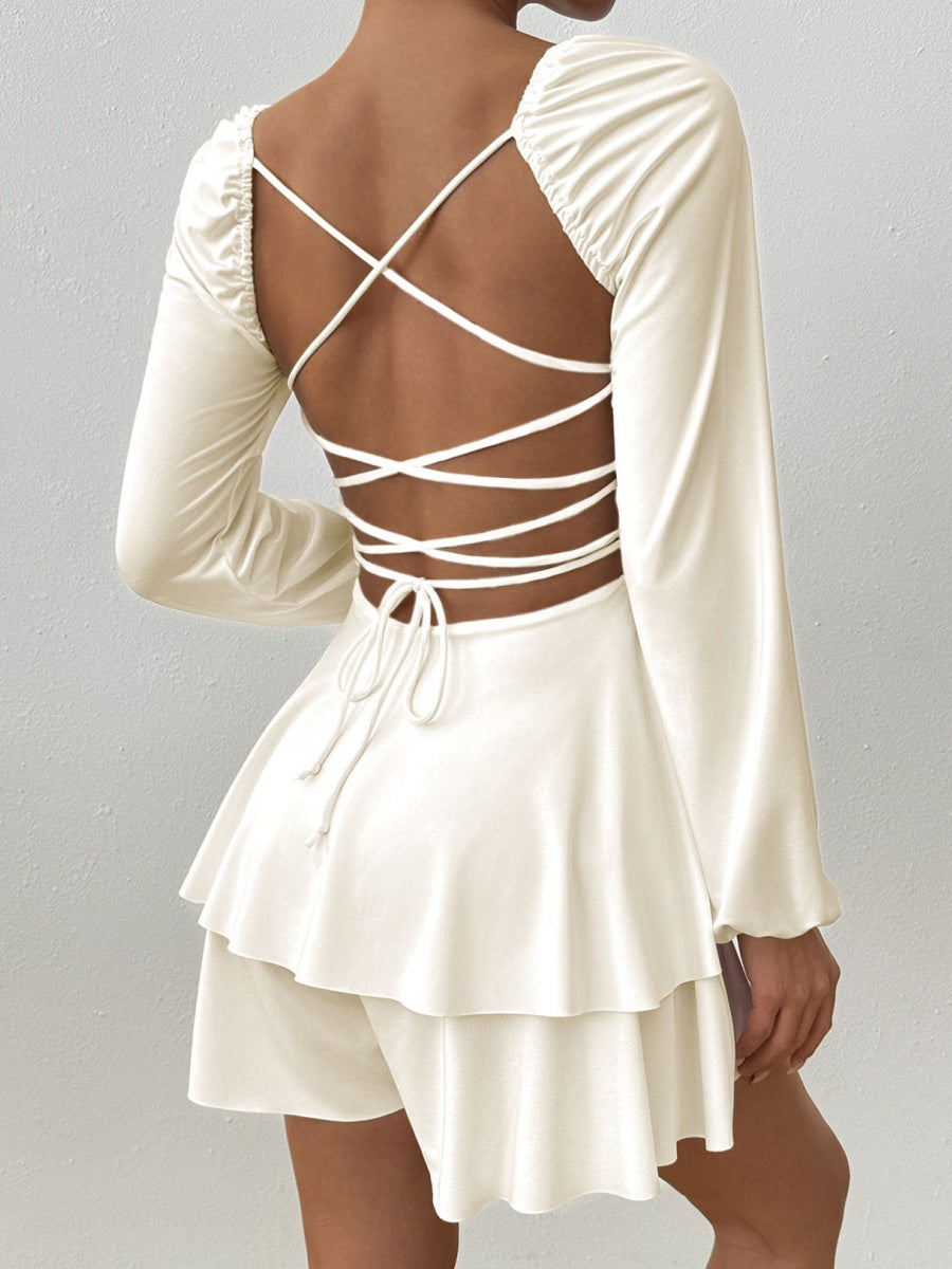 Temperament Grace Ruffle Long Sleeve Backless Lace Up Mini&Short Dresses